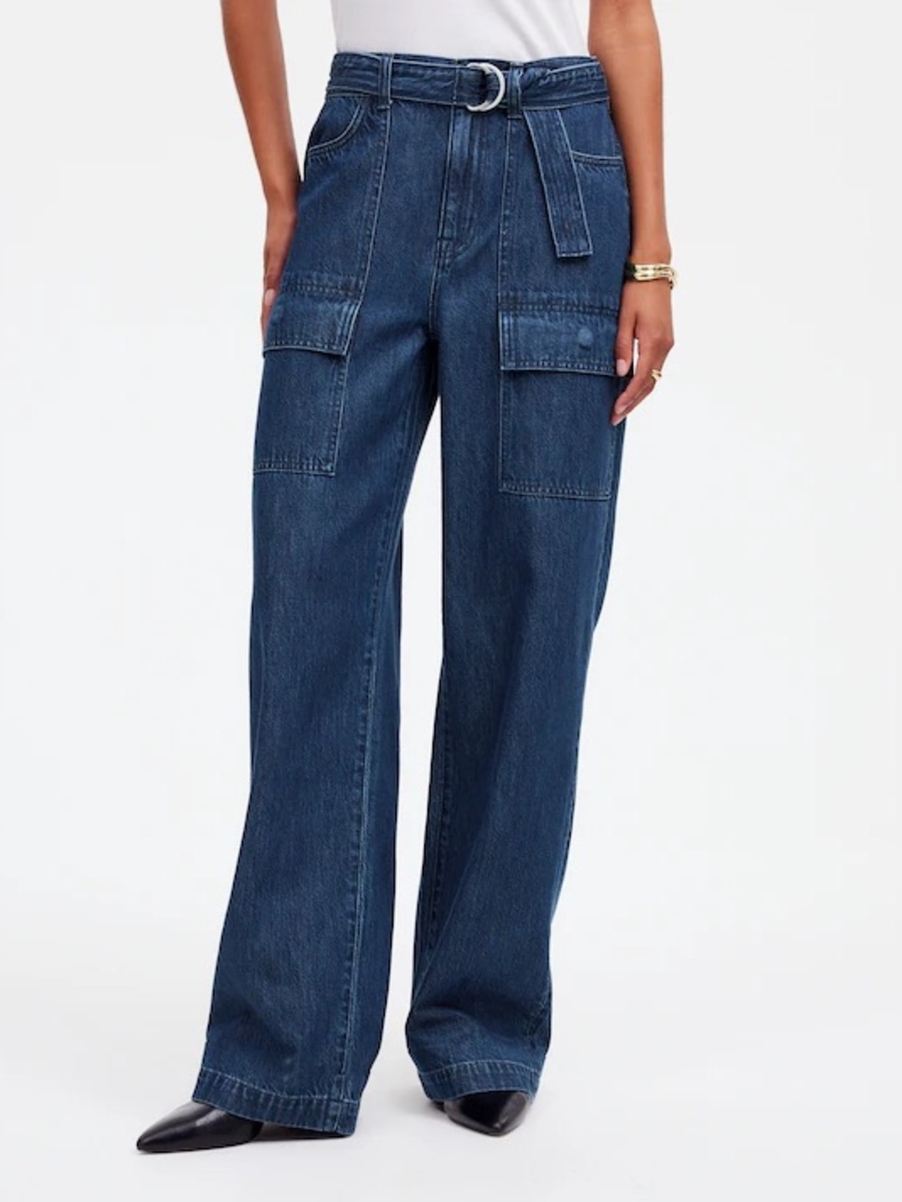 Madewell Dark Blue Wide-Leg Cargo Jeans with D-Ring Waist